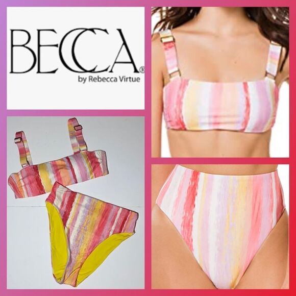 NWT MSRP $136 Becca Striped Bikini Set in Large Women's Size Large - Picture 1 of 11